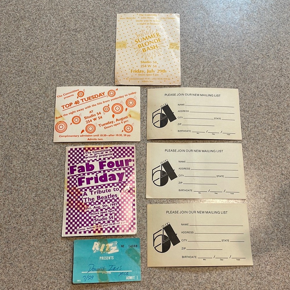 Studio 54 1983 Club Invitations / Mailing List & Ritz Club Pass NYC rare